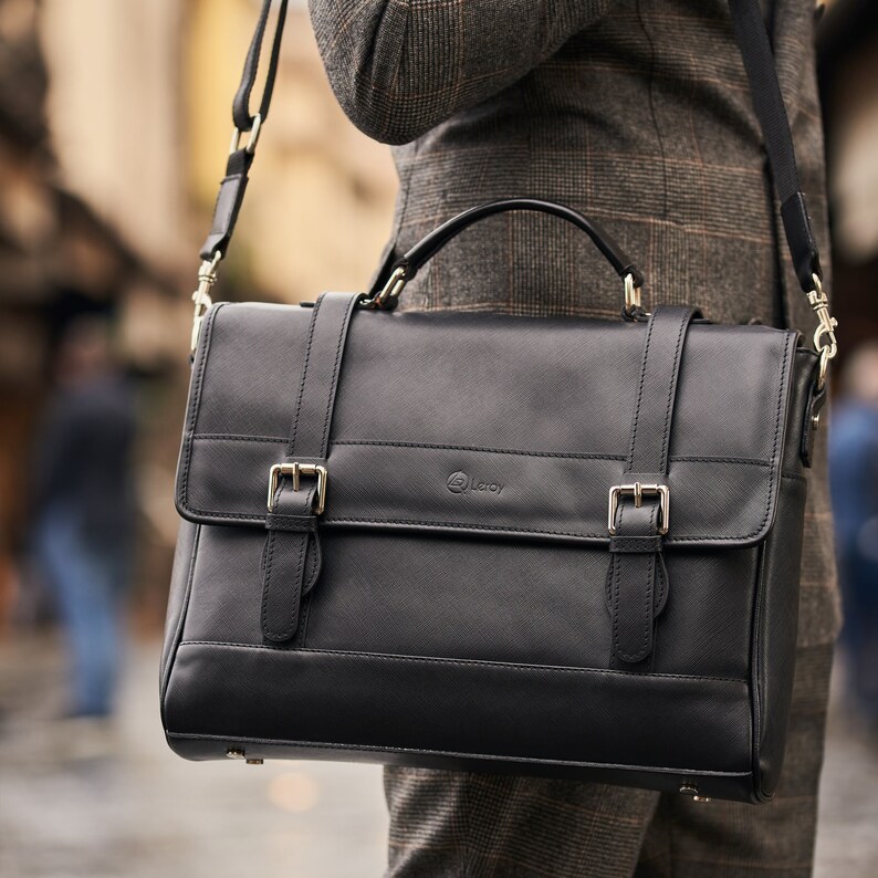 Double Buckle Leather Briefcase Laptop Bags for Men Leather Etsy