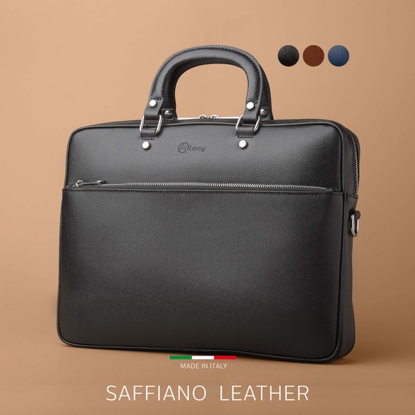 Black Italian Leather Style Briefcase For Men, Leather Travel Bag, Laptop Holder With Strap, Men's Office Accessory Bag