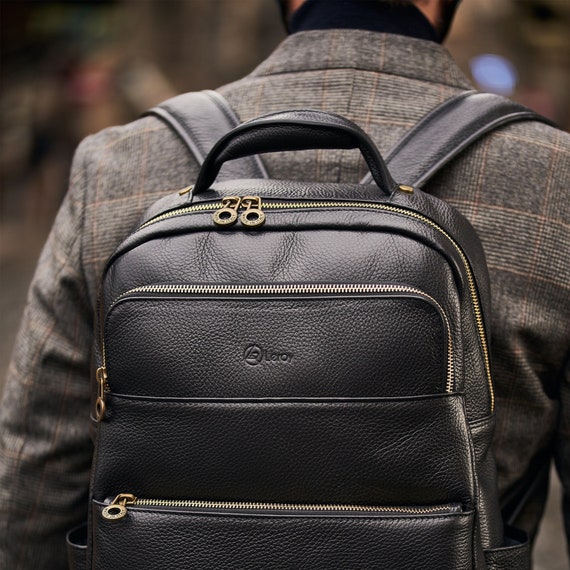 Mens Black Leather Designer Backpack Carry on Travel College