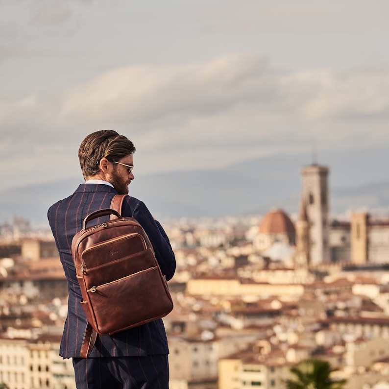 Men's Cognac Brown Leather Messenger Bag, , Hiking Backpack, Leather Bookbag For Him, Modern Brown Backpack, Leather Knapsack image 8