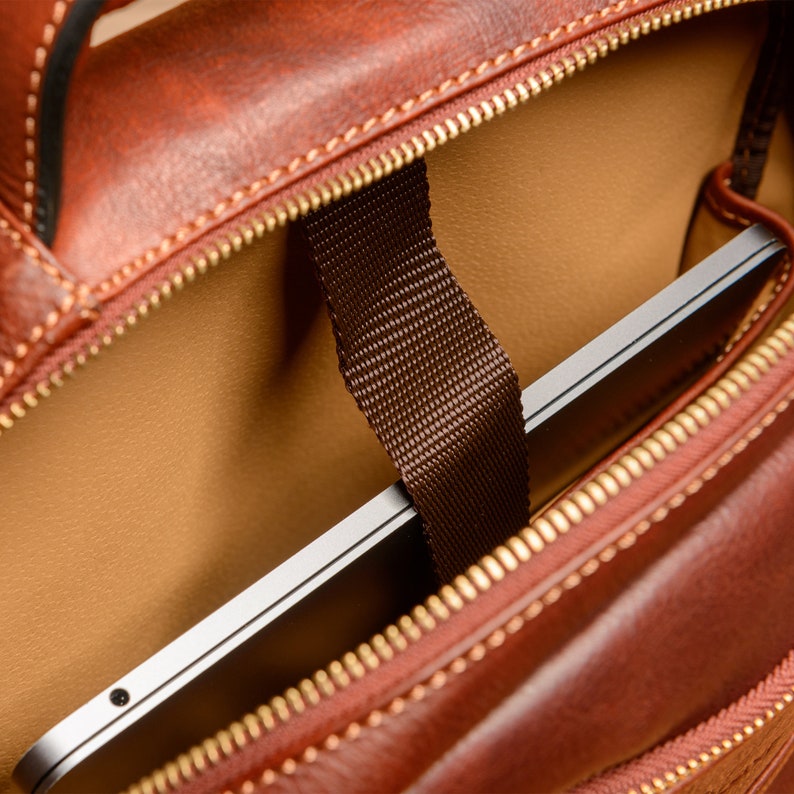 Men's Cognac Brown Leather Messenger Bag, , Hiking Backpack, Leather Bookbag For Him, Modern Brown Backpack, Leather Knapsack image 3