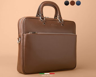 Business Leather Bag, Slim Leather Portfolio Briefcase, Italian Leather Style, Laptop Bag With Strap, Men's Leather Satchel, Men Office Bag