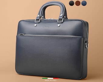 Blue Leather Briefcase, MacBook Pro Holder, Blue Carry On Bag, Leather Travel Bag, Laptop Bags With Strap