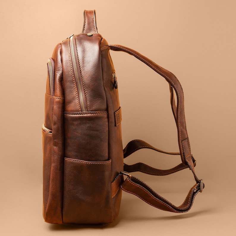 Brown Leather Mens Commuter Backpack, Business Office Work Backpack or Laptop Bag Mens, Elegant Minimalist Carry On Overnight Rucksack Mens image 4