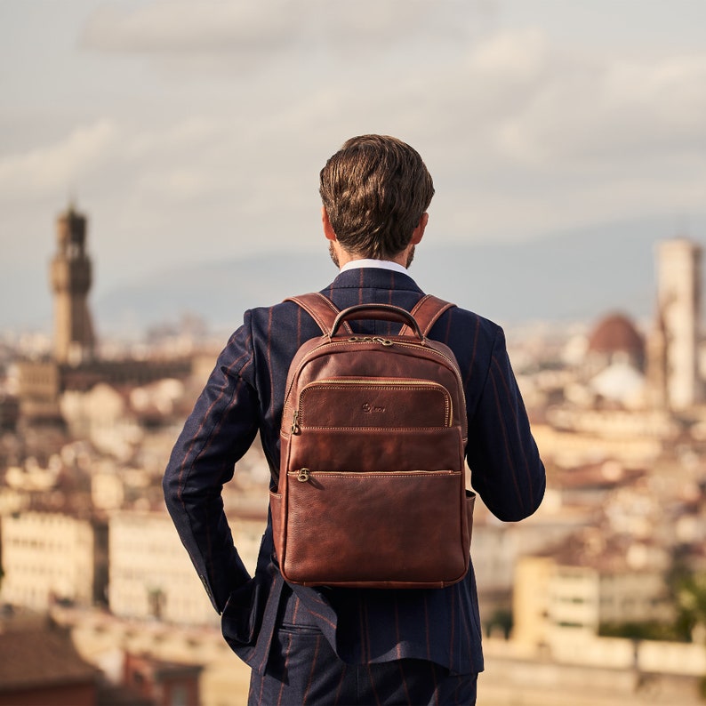 Brown Leather Office Backpack, Retro Vintage Business Trip Work Backpack Rucksack Bag Mens, Elegant Leather College Backpack Gift for Him image 1