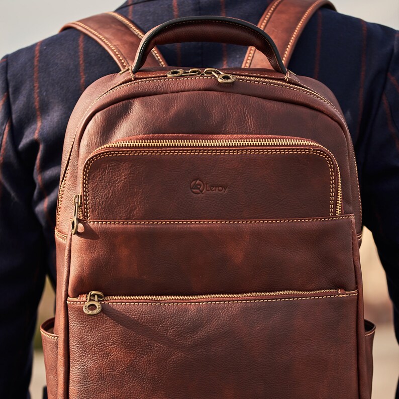 Men's Cognac Brown Leather Messenger Bag, , Hiking Backpack, Leather Bookbag For Him, Modern Brown Backpack, Leather Knapsack image 5