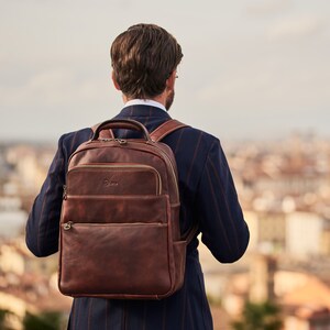 Men's Cognac Brown Leather Messenger Bag, , Hiking Backpack, Leather Bookbag For Him, Modern Brown Backpack, Leather Knapsack image 7