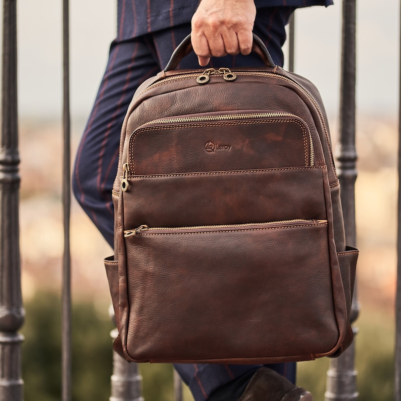 Brown Leather Mens Commuter Backpack, Business Office Work Backpack or Laptop Bag Mens, Elegant Minimalist Carry On Overnight Rucksack Mens image 1