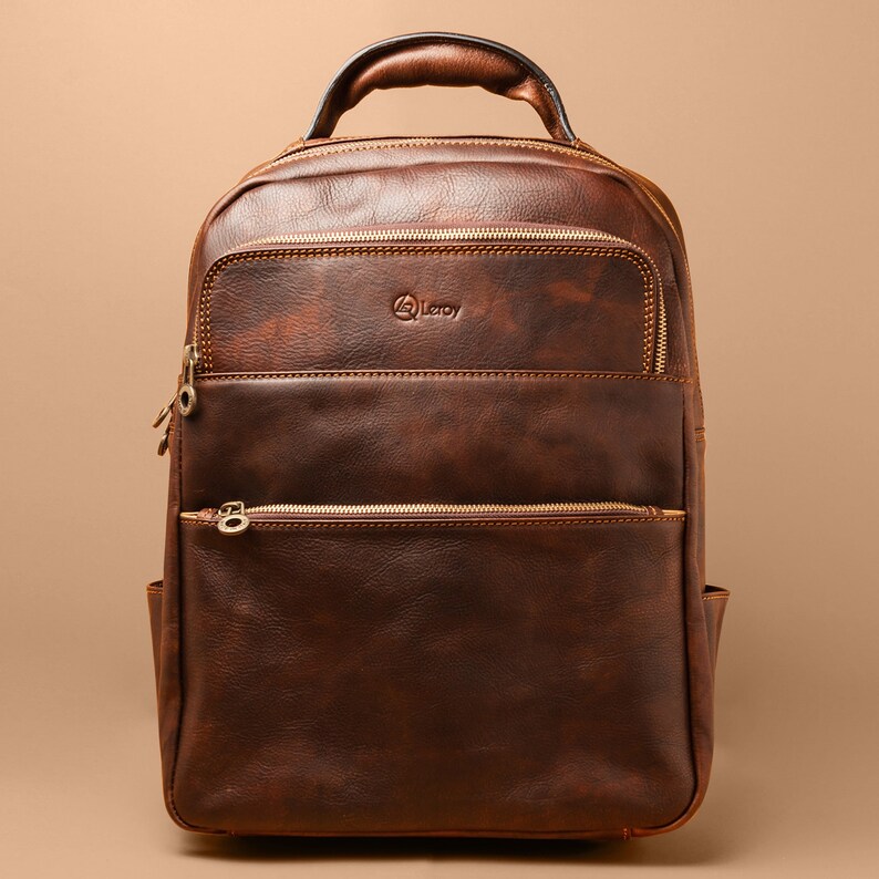 Mens Brown Leather Laptop Backpack Elegant Designer Branded Etsy