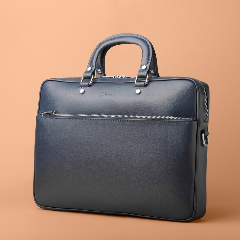 Blue Leather Briefcase Macbook Pro Holder Blue Carry on Bag Etsy