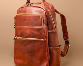 Men's Cognac Brown Leather Messenger Bag, , Hiking Backpack, Leather Bookbag For Him, Modern Brown Backpack, Leather Knapsack