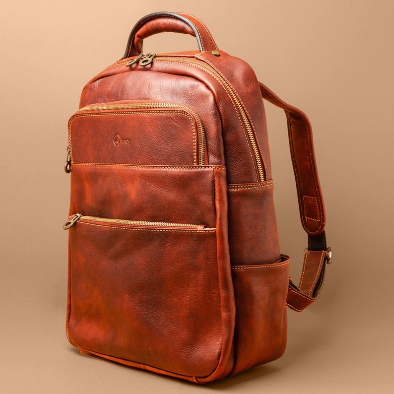 Men's Cognac Brown Leather Messenger Bag, , Hiking Backpack, Leather Bookbag For Him, Modern Brown Backpack, Leather Knapsack image 1