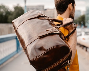 Men's Cognac Leather Carry On bag, Leather Tote Bag, Designer Leather Duffle Bag, Leather Haversack, Leather Luggage Bags, Birthday Gift