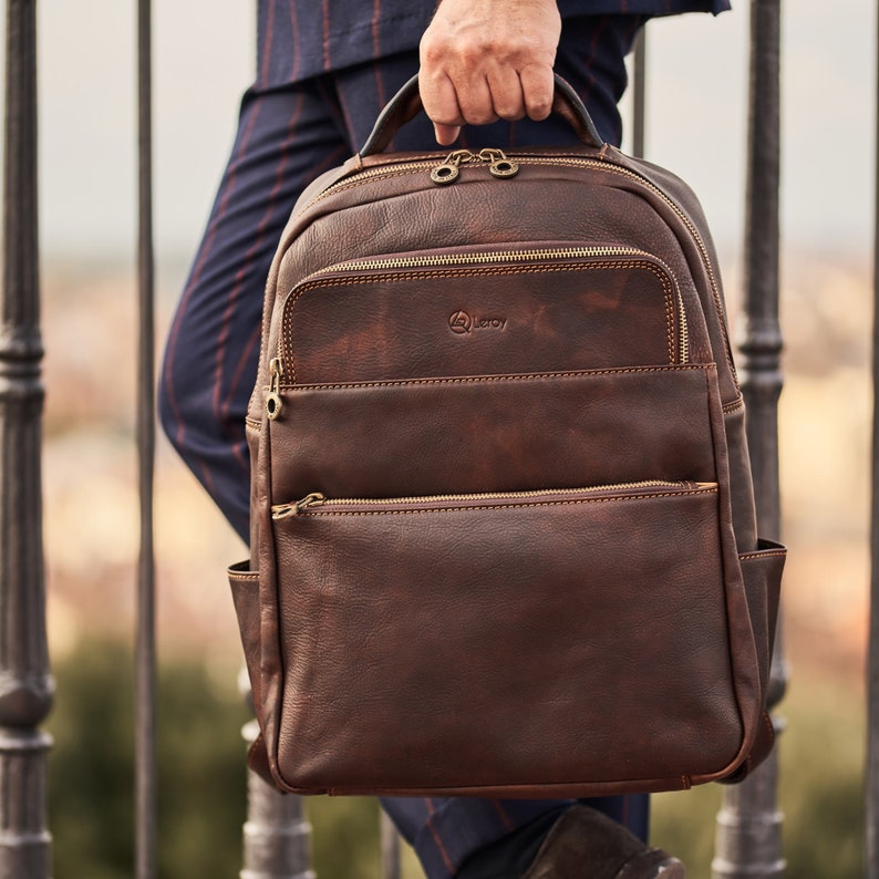 Mens Brown Leather Laptop Backpack Elegant Designer Branded Etsy