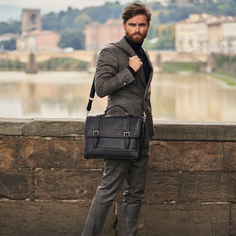 Double Buckle Leather Briefcase Laptop Bags for Men Leather Etsy