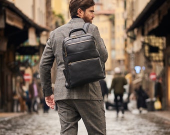 Black Leather Rucksack, Italian Leather Backpack for Him, Laptop Holder, Leather Travel Bag, College Bookbag, Business Bag, Office Men's Bag