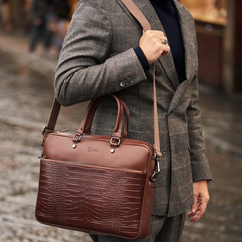 Men's Italian Business Briefcase, College Brown Leather Bag, Leather Portfolio Messenger Bag with Shoulder Strap, Birthday Gift Idea for him image 1