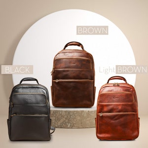 Brown Leather Office Backpack, Retro Vintage Business Trip Work Backpack Rucksack Bag Mens, Elegant Leather College Backpack Gift for Him image 9