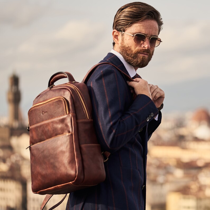 Men's Cognac Brown Leather Messenger Bag, , Hiking Backpack, Leather Bookbag For Him, Modern Brown Backpack, Leather Knapsack image 6