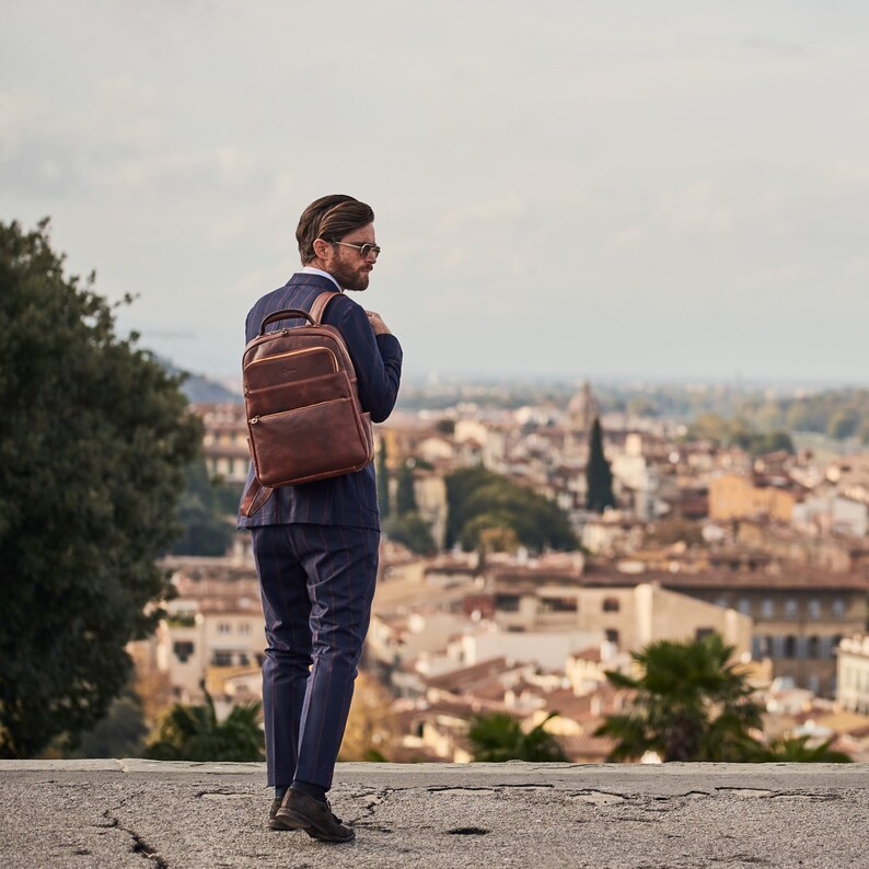 Brown Leather Office Backpack, Retro Vintage Business Trip Work Backpack Rucksack Bag Mens, Elegant Leather College Backpack Gift for Him image 4