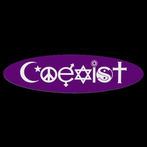 May include: Purple oval sticker with the word "coexist" in white lettering. The word is surrounded by various religious symbols including a crescent moon and star, a peace sign, a cross, a Star of David, and a yin yang symbol.