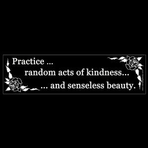 May include: Black and white image with a white background. The text "Practice... random acts of kindness... ... and senseless beauty." is written in white text. The image is framed with a white rose and leaves on each side.