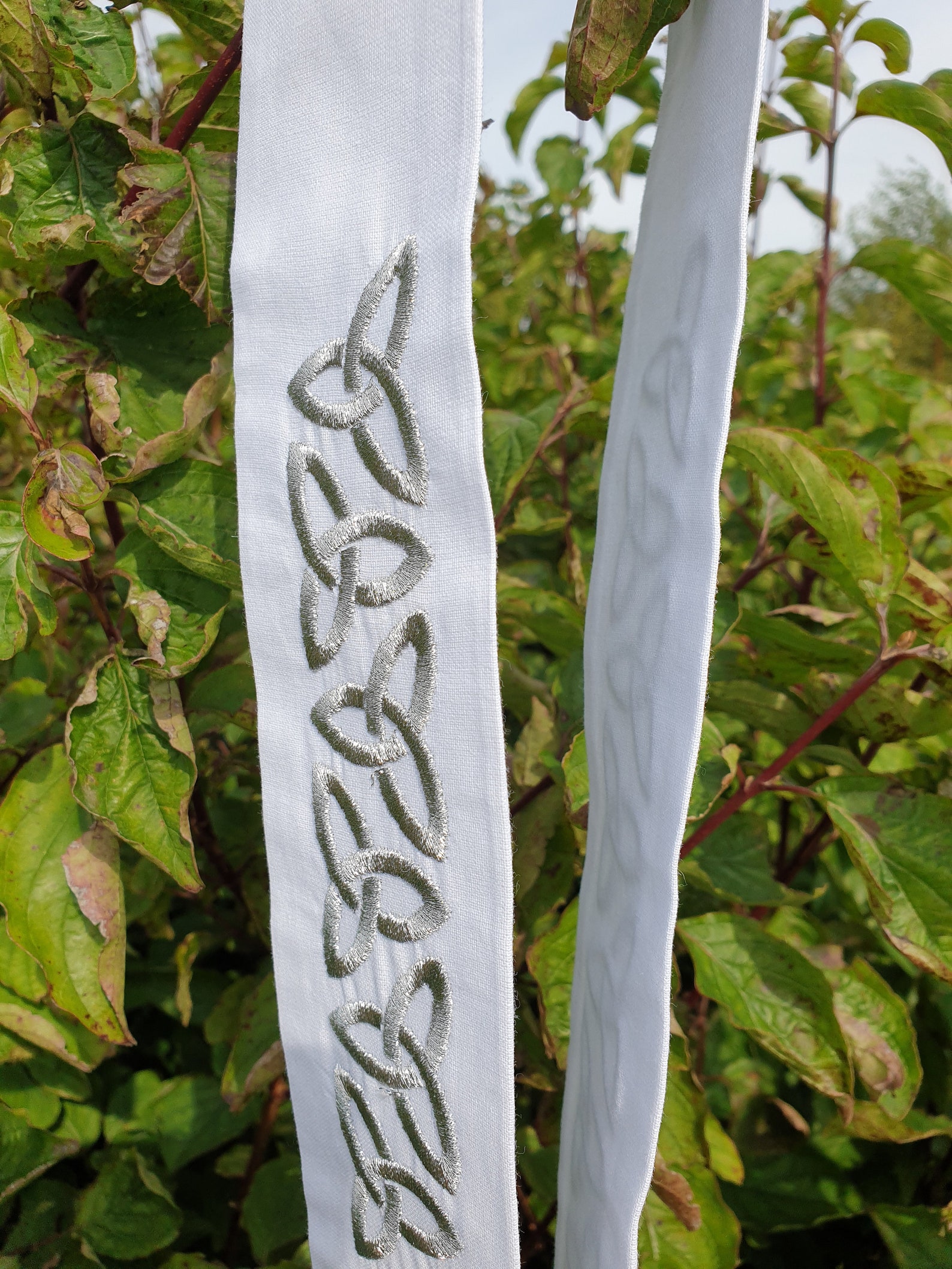 White Cotton Handfasting Band With a Row of Metallicsilvercoloured Triquetra Celtic Knotwork