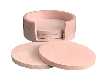 Handmade Concrete Coaster Set with Holder: Pink Grey Nordic Style