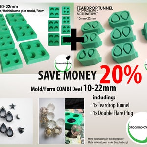 Plug Siliconemold Combi Deal 20% (10mm-22mm) - Double Flare Plugs and Teardrop Tunnel - mold for earrings - mold for epoxy