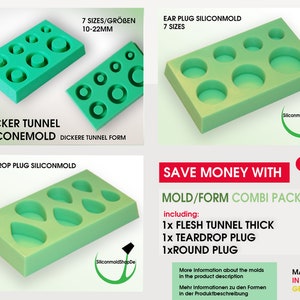 3 different Siliconemolds - Round Plug/ Teardrop Plugs/ Flesh Tunnel Plug - Silicone Mold for Epoxy