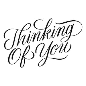 May include: Black and white calligraphy script that reads "Thinking of You".