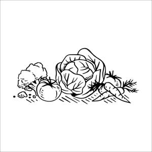 Può includere: Un disegno in bianco e nero di una collezione di verdure, tra cui un cavolo, un pomodoro, un broccolo e carote.