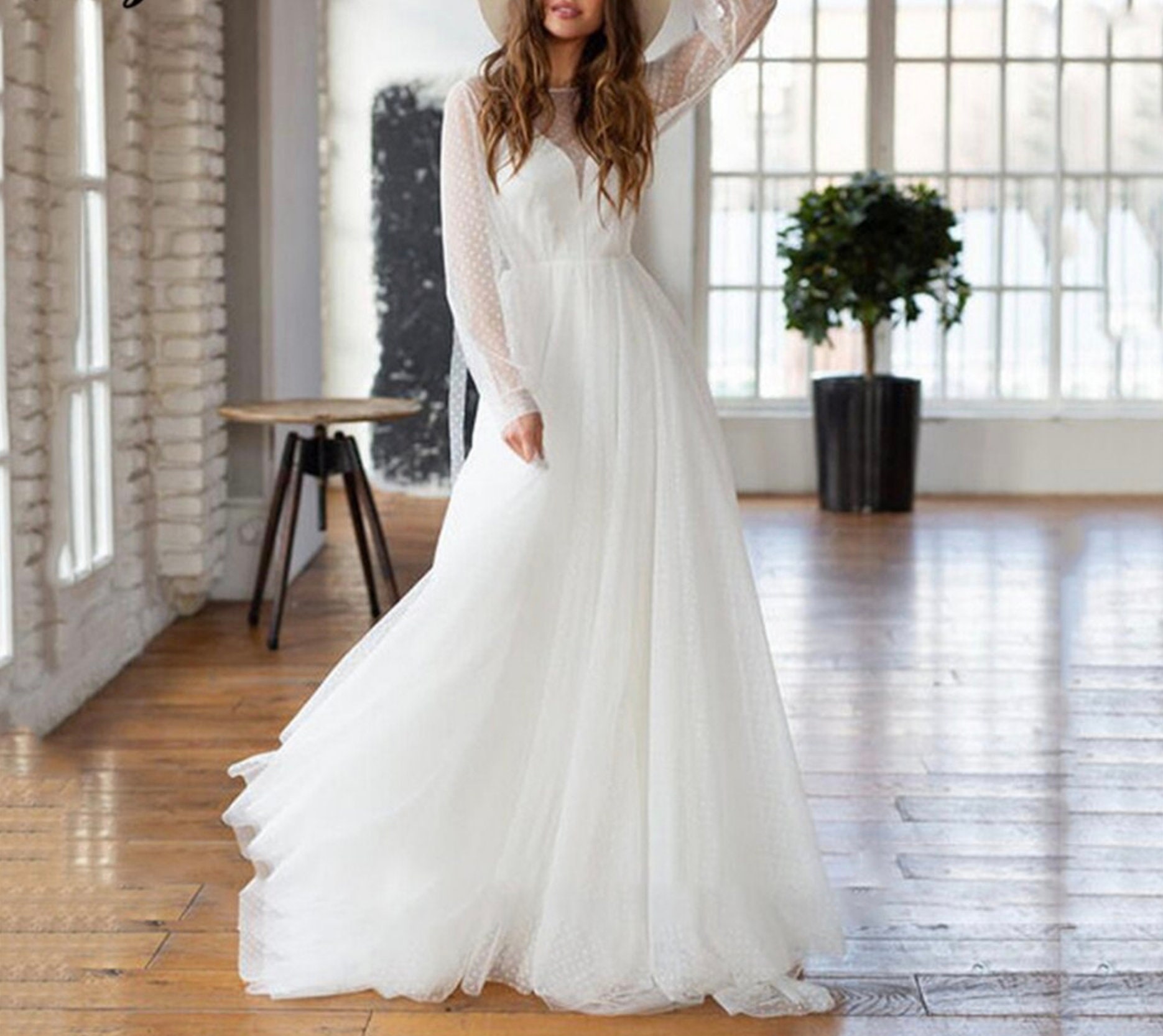 Country Wedding Dress Puff Sleeve Sweep Dot Tulle Bridal Etsy