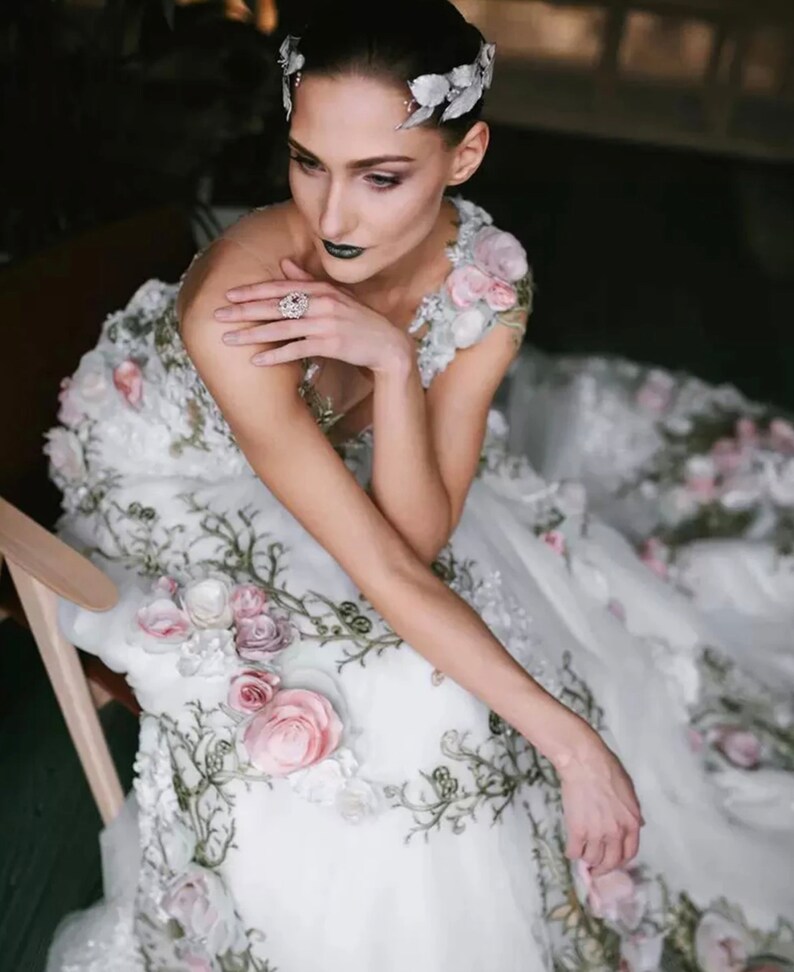 Bohemian Wedding Dress 3D Flower Leaf Lace Wedding Dresses Etsy