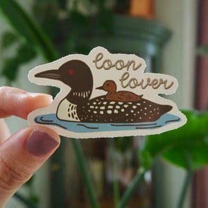 K&ouml;nnte beinhalten: Ein Aufkleber mit einer Cartoon-Illustration eines Eistauchers mit einem kleineren Eistaucher auf dem R&uuml;cken, auf blauem Wasser. Der Aufkleber tr&auml;gt die Worte "loon lover" in einer handschriftlichen Schriftart. Der Eistaucher ist braun, schwarz und wei&szlig;.