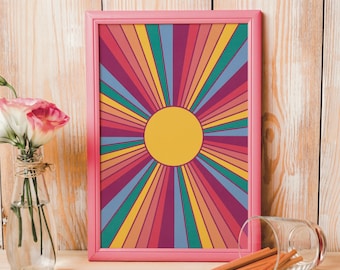 Stampa digitale Sunburst, atmosfere vintage, poster digitale boho con arcobaleno e sole