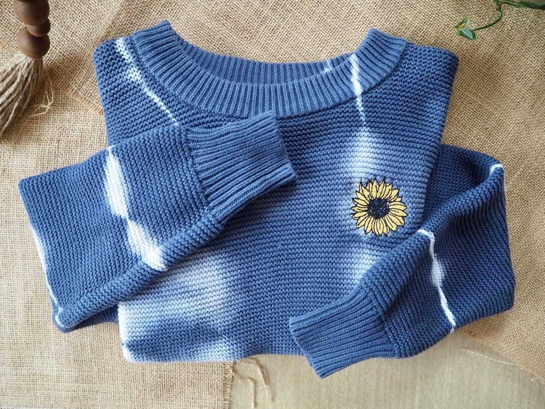 Navy Tie Dye Embroidered Sunflower Sweater Size Extra Small Etsy
