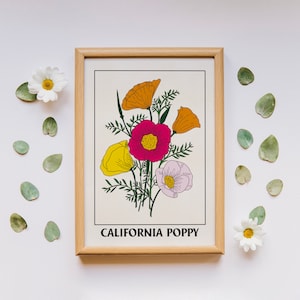 California Poppy Simple Art Print, Downloadable Art, Botanical Print, Cottagecore Home Decor, Botany Print, Floral Wall Art