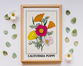 California Poppy Simple Art Print, Downloadable Art, Botanical Print, Cottagecore Home Decor, Botany Print, Floral Wall Art