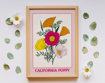 California Poppy Simple Art Print, Downloadable Art, Botanical Print, Cottagecore Home Decor, Botany Print, Floral Wall Art