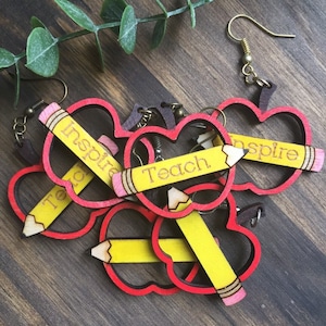 Teacher Earrings || Apple Earrings || Pencil Earrings || Back to School Earrings || Wooden Earrings
