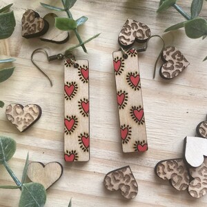 Hand Painted Wood Valentine Earrings || Wood Heart Earrings || Heart Earrings || Wood Earrings || Engraved Earrings