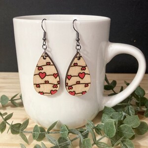 Hand Painted Wood Heart Valentine Earrings || Wood Heart Earrings || Heart Earrings || Wood Earrings || Engraved Earrings