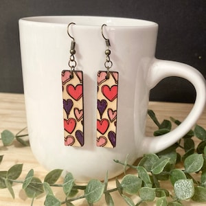 Wood Valentine Earrings || Wood Heart Earrings || Heart Earrings || Wood Earrings || Engraved Earrings