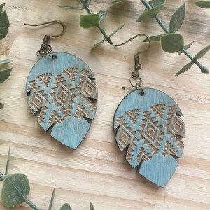 Teal Feather Wood Earrings || Aztec Print Wood Earrings || Tribal Print Wood Earrings || Southwest Print Wood Earrings