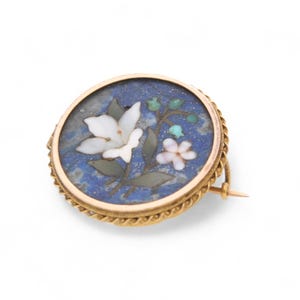 Antique 9ct Gold Pietra Dura Flower Brooch