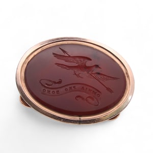 Antique 9ct Gold Carnelian Raven Intaglio "All Things For The Good" Pendant Seal