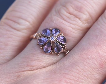 Antiker Edwardian 9 Karat Roségold Amethyst Blumen Ring, c.1901