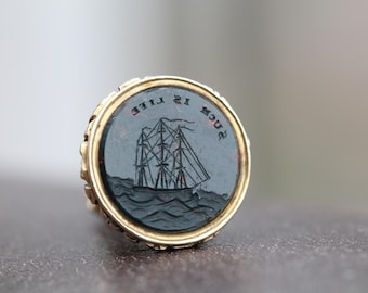Antique 15ct Gold Seal, Bloodstone Intaglio with Ship & Motto “Such Is Life”, Victorian Sentimental Jewel c.1880