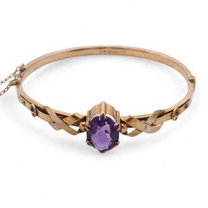 Antique 9ct Gold Amethyst Buckle Bangle, 6.5&quot;
